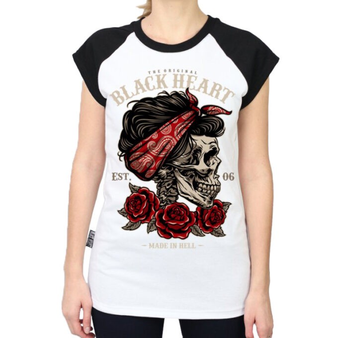 BLACK HEART Pin Up Skull Raglan biela - M